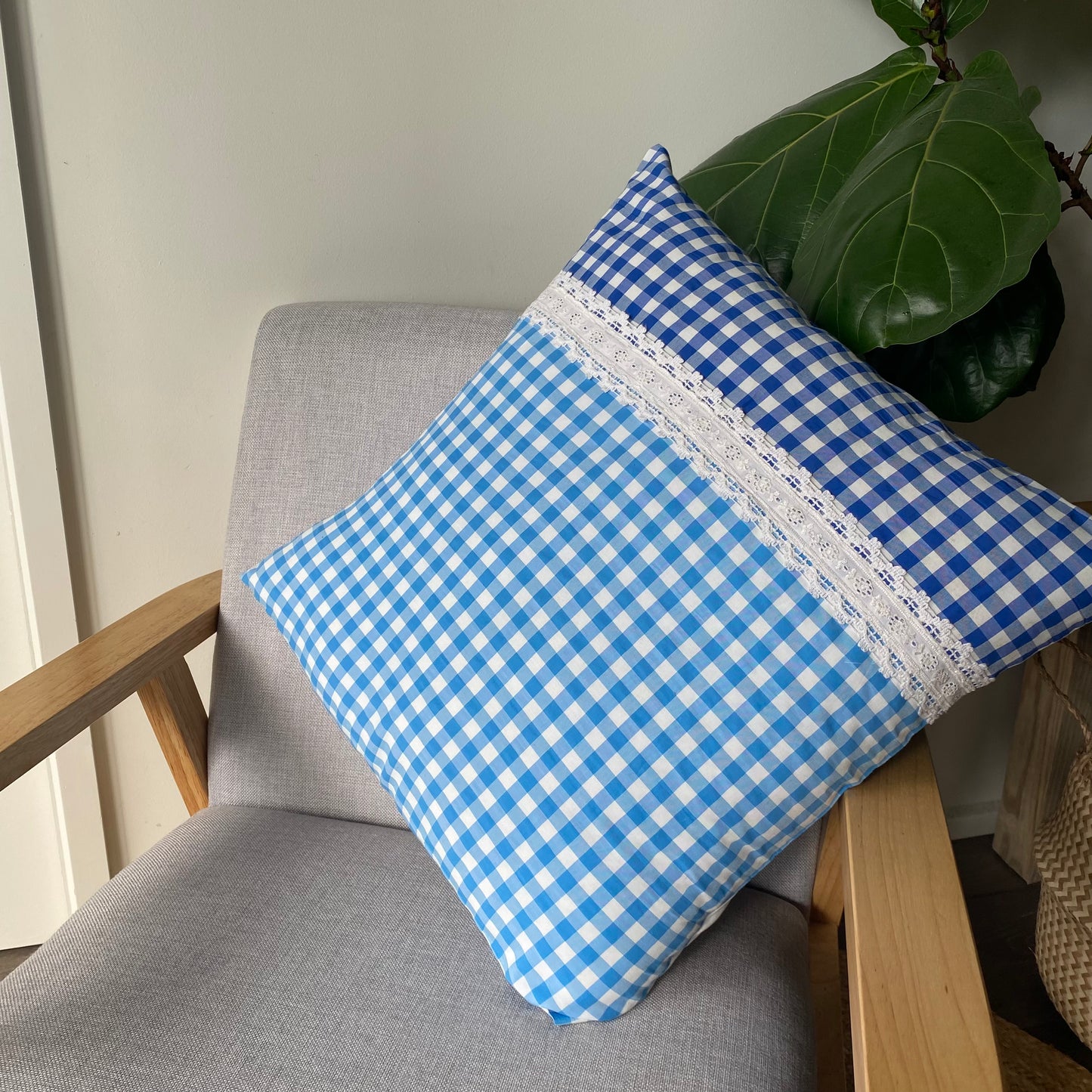 Cienna Blue Gingham Cushion Covers with Lace Details