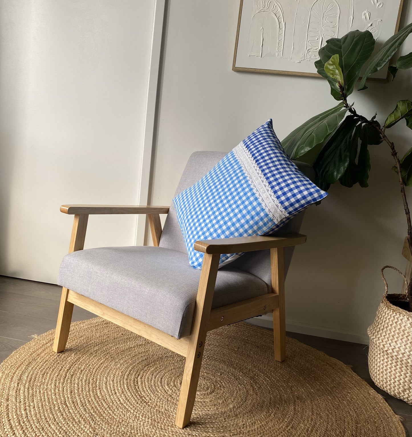 Cienna Blue Gingham Cushion Covers with Lace Details