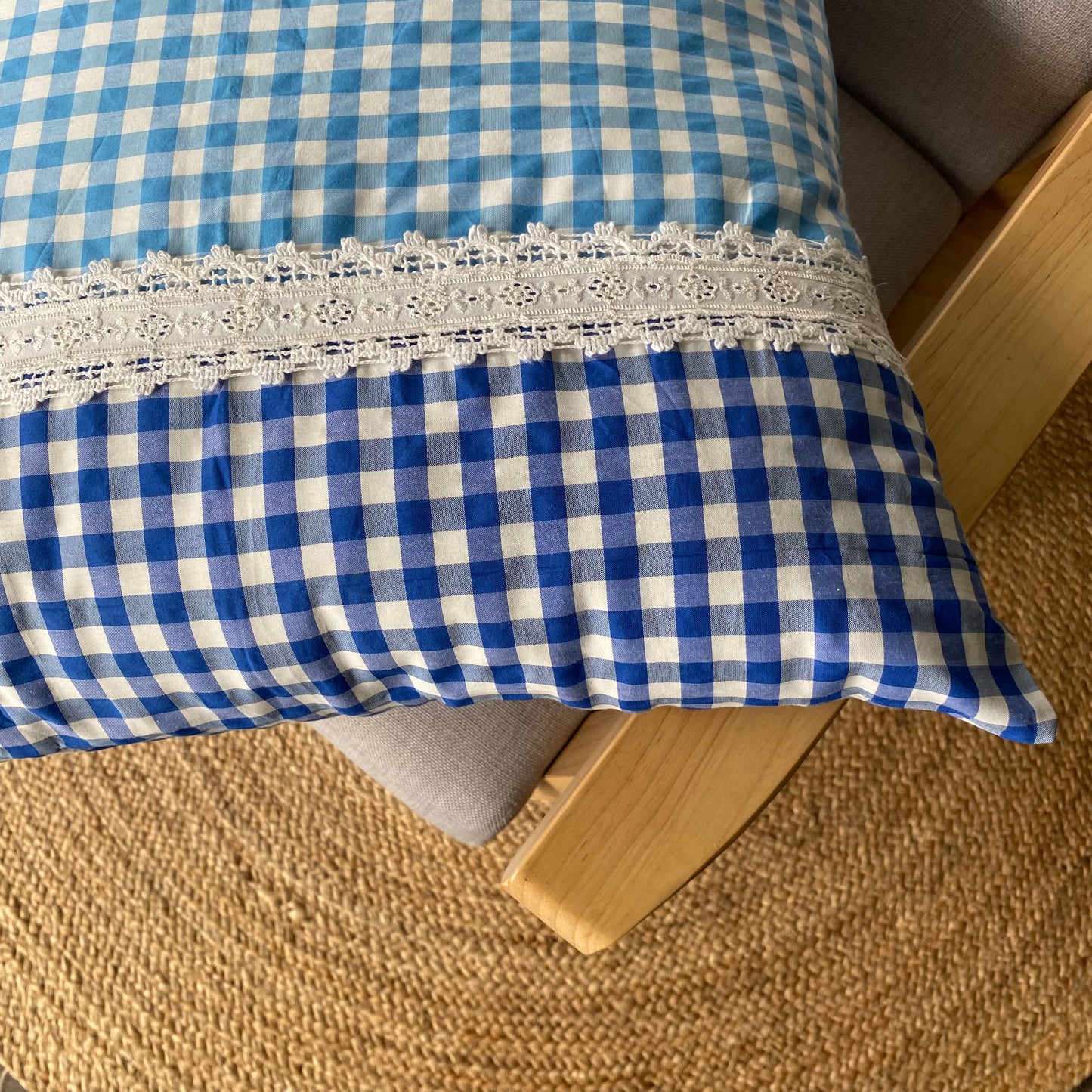 Cienna Blue Gingham Cushion Covers with Lace Details