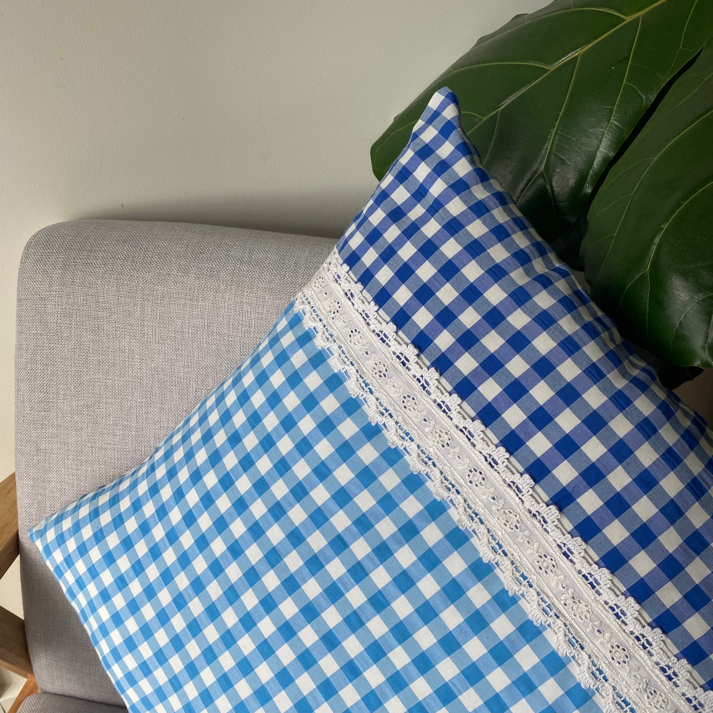 Cienna Blue Gingham Cushion Covers with Lace Details